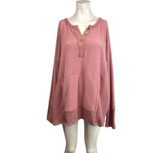 BIBI Womens XL Dusty Rose Pink Mixed Media Henley Oversized Knit Top BT3287D-11